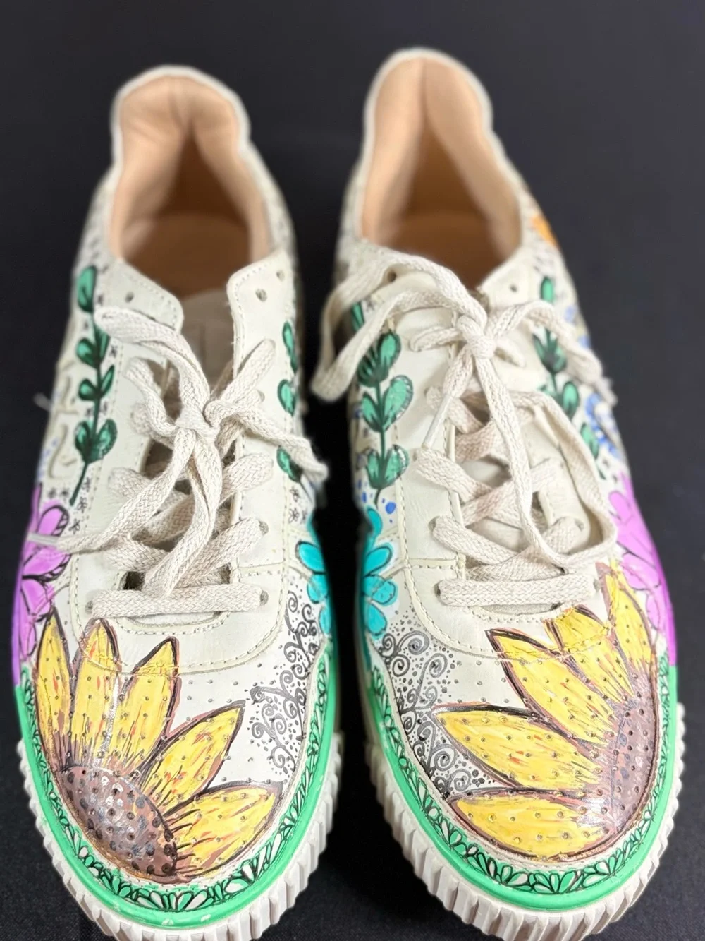 Hand-Painted Floral Platform Sneakers - Cream Canvas with Multicolor Flowers